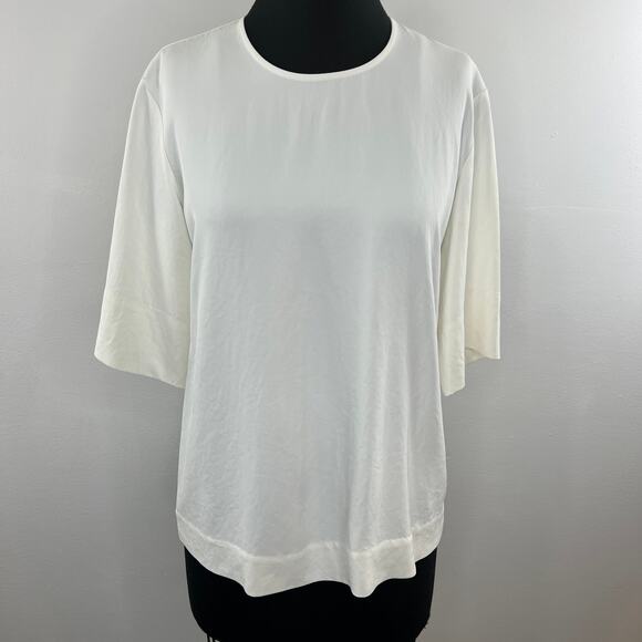 EVERLANE White Ivory Japanese GoWeave Crew Neck 3/4 Sleeve Back Zip Top Blouse 4 - Picture 1 of 7